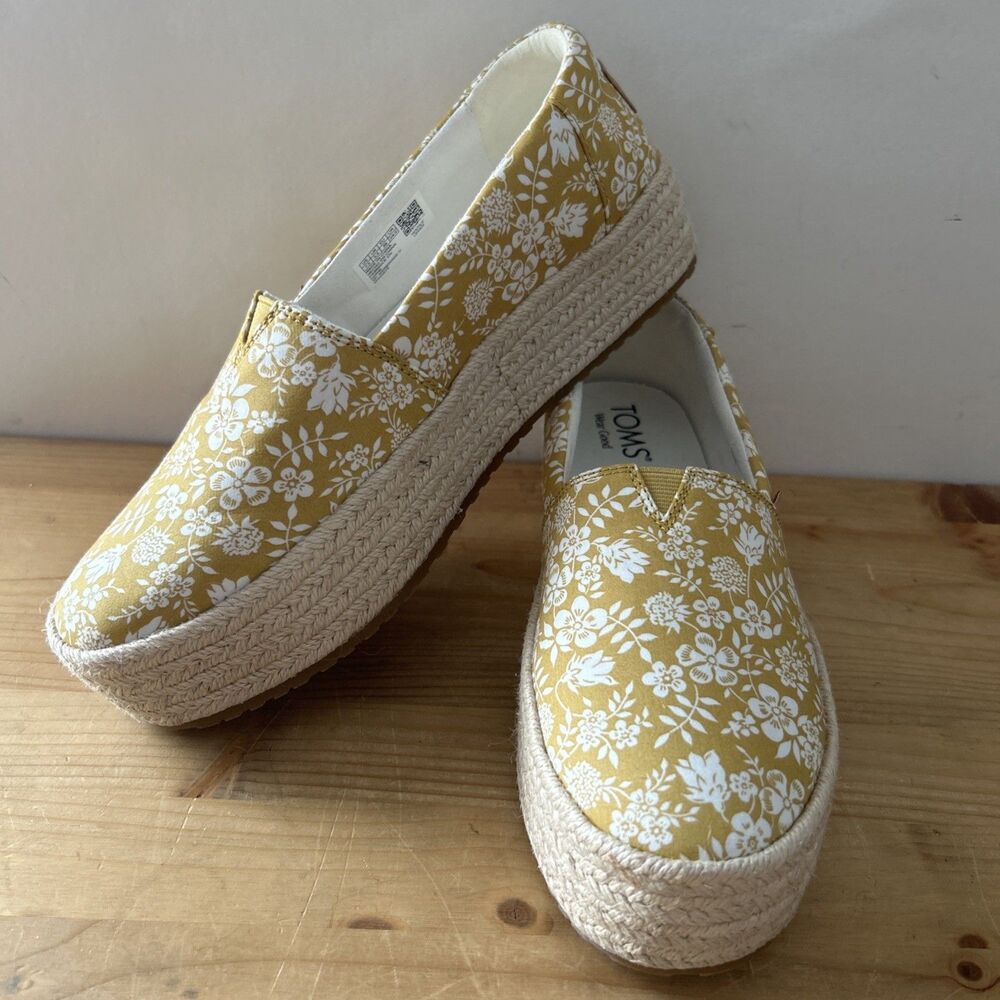 TOMS Valencia Platform Espadrille Golden Honey Floral Slip-On Shoes NEW Sz 7.5